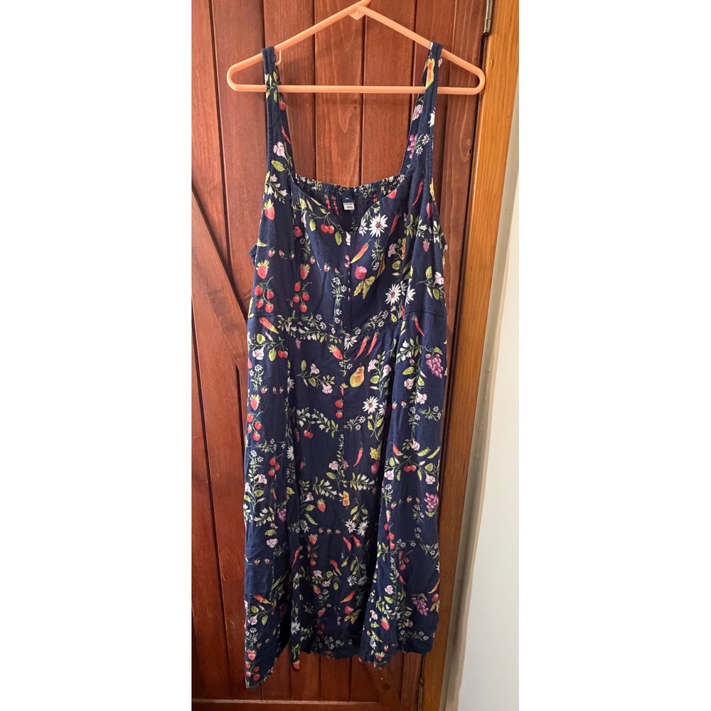 Old Navy Womens XXL Navy Blue Fruit Floral Linen Blend Smocked Midi Tank Dress